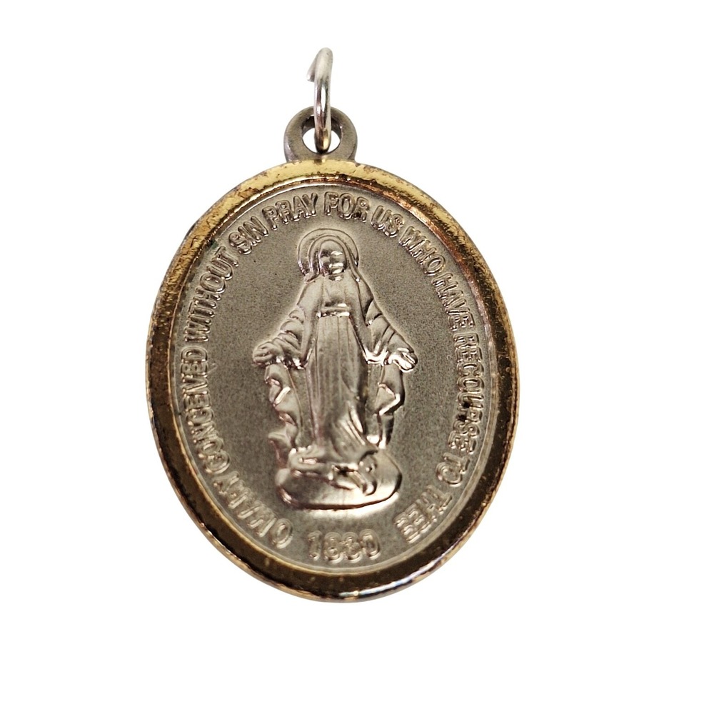 Vintage Miraculous Medal Virgin Mary Pendant Two Tone Silver Gold Tone 1830 Oval